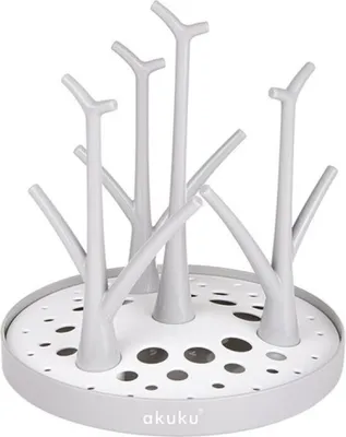 A gray baby bottle drying rack shaped like a tree.