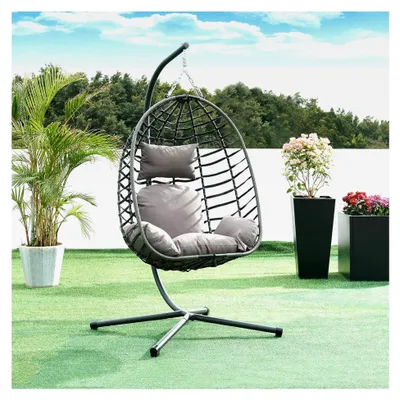 Produktbild von Hängesessel mit Gestell Kandsvas für 1 Person mit Kissen max. 100 kg Balkon Indoor Hängeschaukel Polyrattan Hängestuhl Grau