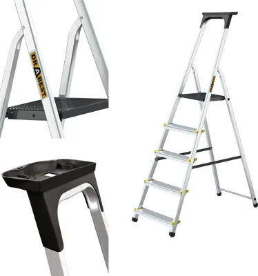 Obrázok produktu pre Drabest | Skladací rebrík - 5 stupňov, nosnosť 150 kg - hliníkový rebrík, rebrík, protišmykové nohy, rebrík