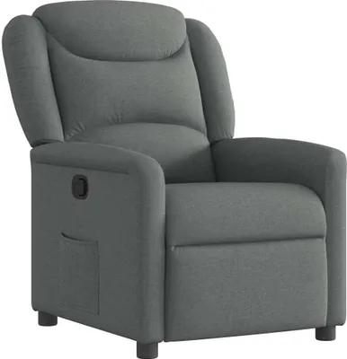 A studio shot of a gray fabric recliner.