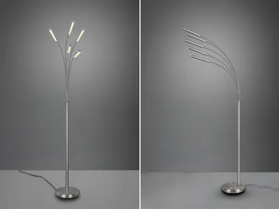 Two views of a modern floor lamp with multiple LED lights against a plain gray background.