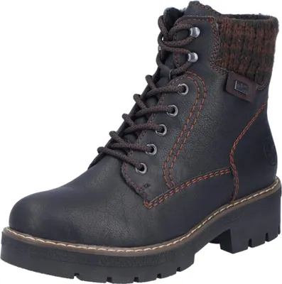A single black lace-up boot with a brown knitted cuff is shown against a white background.