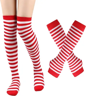 Productafbeelding van Armwarmers Sokken Set - Hoge Sokken Handschoenen - Warme Outfit - Gestreept Gebreid Design - Knielang - Zwart Wit