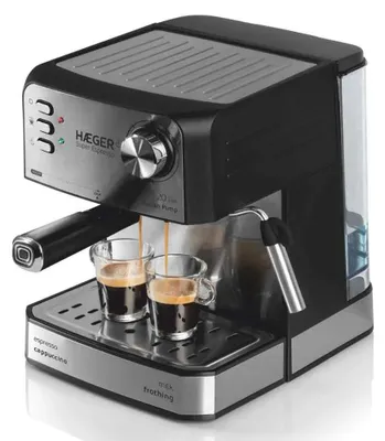 Produktbild von Haeger CM-85B.011A, Espressomaschine, 1,6 l, Kaffeepad, Gemahlener Kaffee, 850 W, Schwarz, Edelstahl