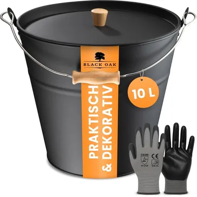 Produktbild von BLACK OAK Ascheeimer FUEGO 10L – Schwarz mit Deckel, Holzgriff & Handschuhen – Feuerfest & robust