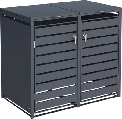 A dark gray, two-door trash bin enclosure with a slatted front and silver handles.