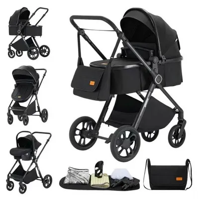 Produktbild von Kinderwagen 3-in-1 mit Babyschale, faltbar, kompakt, leichter Aluminiumrahmen, atmungsaktiver Sitz, ideal für Reisen, erhöhte Sicht. Schwarz
