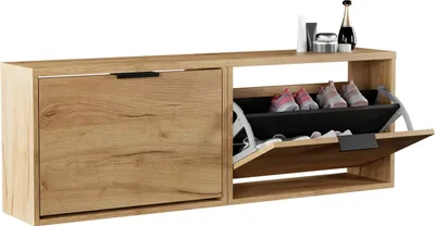 Produktbild von Planetmöbel Schuhschrank schmal 2 x 1 Klappe Schuhregal mit 2 Ablagen, gold eiche