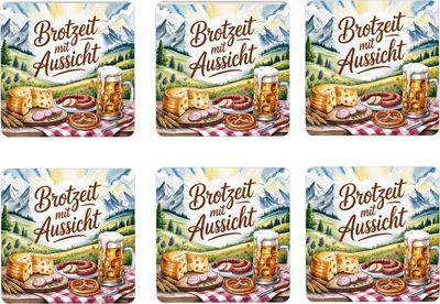 Produktbild von Chiemgau Almpicknick 6er Set Untersetzer aus Holz - Brotzeit mit Aussicht