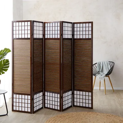 Produktbild von Homestyle4u Paravent Raumteiler 5 teilig Faltbar Blickdicht Holz Bambus Reispapier Braun