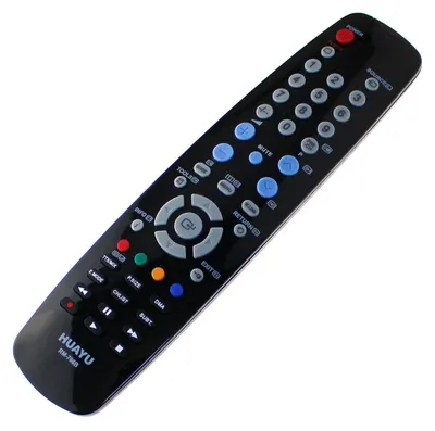 A black remote control with various colored buttons is shown against a white background.
