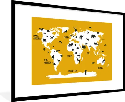 Produktbild von MuchoWow® Gerahmtes Poster Weltkarte Kinder - Tiere - Gelb 90x60 cm - Poster mit Schwarzem Bilderrahmen Wandposter Rahmen Foto Bilder - Wanddekoration - Fotos