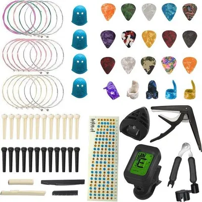 Immagine prodotto di Set di accessori per chitarra con accordatore, capotasto, corde e plettro per principianti