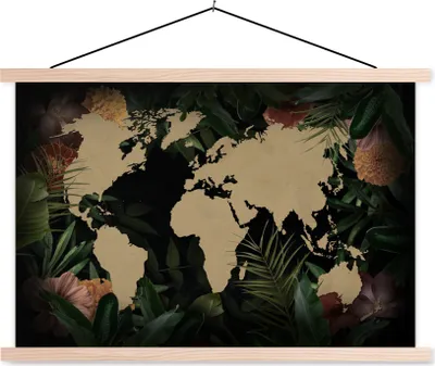 Produktbild von MuchoWow® Textilposter Weltkarte - Pflanzen - Blumen 120x80 cm mit holzfarbenen Rahmen - Aufhängeset