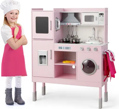 Obrázok produktu pre COSTWAY Hračkárska kuchynka s kuchynskou kapotou, výrobníkom ľadu, telefónom, 16-dielnym príslušenstvom, reálnymi zvukmi a svetlami, drevená hracia kuchynka pre batoľatá od 3 rokov, ružová