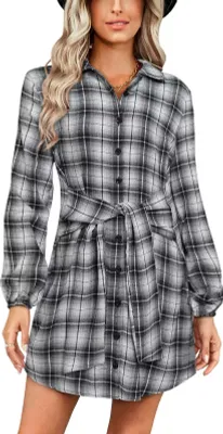 Produktbild von ASKSA Damen Kariert Hemdkleid Elegant Knöpfen Blusenkleid V-Ausschnitt Langarm Tunika Kleider Freizeitkleid mit Gürtel, Schwarz, S