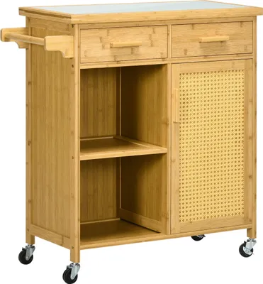 Immagine prodotto di Carrello da cucina Carrello di servizio con cassetto, armadio, ripiani aperti, portasciugamani, piano di lavoro, bambù, naturale