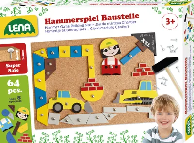 The image shows the packaging of a children's building toy set with a construction theme. The front of the box displays the product name, a colorful illustration of the toy's components and assembled creations, and a smiling child.