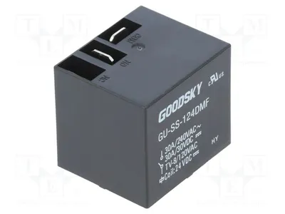 Immagine prodotto di Relè: elettromagnetico; SPST-NO; bobina: 24VDC; 30A; 930mW. Modello: GU-SS-124DMF. Relè elettromagnetico di potenza