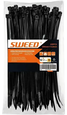 Produktbild von Kabelbinder Schwarz 200mm x 4.8mm UV-beständig 100 Stück 22kg Zugfestigkeit Innen/Außen
