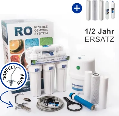 Produktbild von Umkehrosmoseanlage 6 Stufen RO6 Wasserfilter Mit Doppelt Hahn Und 1/2 Jahr Ersatz