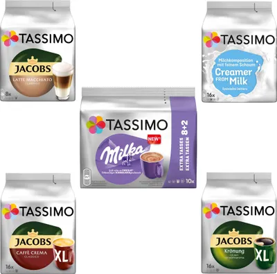 Produktbild von TASSIMO Creamy- Kaffee Paket Jacobs Krönung Crema Milka 5 Packungen 66 Portionen
