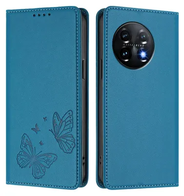 Produktbild von Lederhülle für OnePlus 11, Schmetterling Prägung Leder Brieftasche Schutzhülle mit Ständer Blau