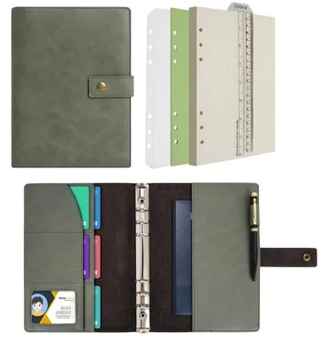Image de Cahier à spirales A5, rechargeable, pour notes, avec papier ligné, en cuir véritable, de couleur verte