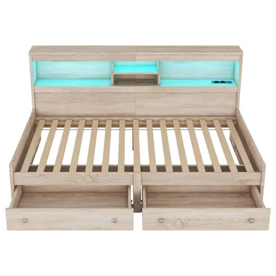 Zdjęcie produktu dla sofa rozkładana 90x200 cm z gniazdami USB i ładowania, oświetlenie otoczenia LED, 2 szuflady, miejsce do przechowywania, płyta wiórowa, naturalne wykończenie