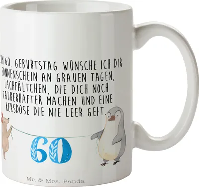 Produktbild von Mr. & Mrs. Panda Kaffeebecher 60. Geburtstag Maus Pinguin - Weiß - Geschenk, Teetasse, Happy Birthday, Kaffeetasse, Geschenktasse, Becher, Kuchen, Herzlichen Glückwunsch