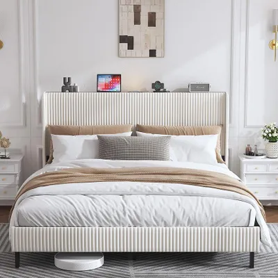 Produktbild von Bettrahmen gepolstertes Plattformbett mit Stoffköpfchen, Flügelkantendesign/Nicht-Rutscht- und Rauchfreien/Metalllatten/No BoxSpre 180*200