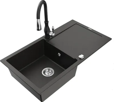 Produktbild von Mexen Leo 1 Becken-Granitspüle mit Abtropffläche und Mischbatterie Savita, Schwarz/Gold metallisch - 6501-75-672601-70