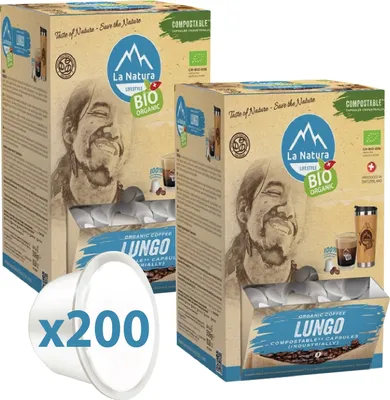 Produktbild von La Natura Kapseln LUNGO Kaffee XXL BOX 200 Kaffeekapseln | La Natura Lifestyle Organic 1020g| biobasiert | Nespresso®*³ kompatibel