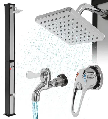 Produktbild von ML-Design Solardusche 40L 217cm eckig mit Fußdusche und Regenduschkopf, Silber-Schwarz, warmes Wasser, 60°C ohne Stromanschluss, mit Gartenschlauch-Anschluss