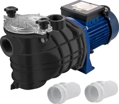 A pool pump with two white pipe adapters in the foreground, set against a white background.