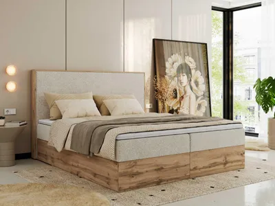 Obrázek produktu pro Kontinentální postel, box z laminované desky WOOD CLASSIC  180x200 cm Vícekapsová matrace Tvrdé (H4)|Béžová - Strukturovaná látka - Topper T25