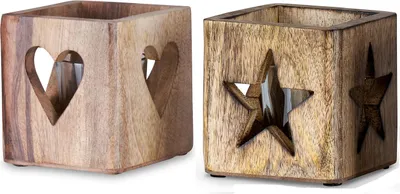 Produktbild von 2er Set Windlicht Stern Herz 9cm Mangoholz Teelicht Teelichthalter Kerze Glas