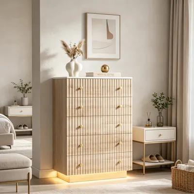 Image de Commode INONEFT avec 5 tiroirs, commode en bois avec éclairage LED, meuble de rangement avec système anti-basculement, meuble d'entrée avec espace de rangement, couleur bois naturel