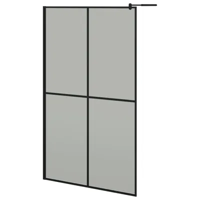 A shower wall panel with a black frame and frosted glass.