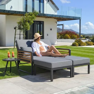Produktbild von Merax Garten-Lounge-Set 2–4 Personen mit verstellbare Rückenlehne, Outdoor Daybed und Doppel-Liege, modular Gartenmöbel mit Kissen & Glastisch, Grau