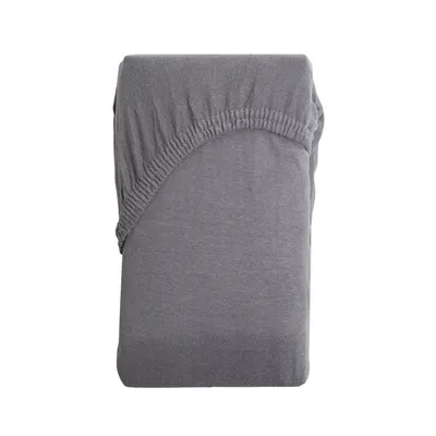 A folded grey fitted sheet on a white background.