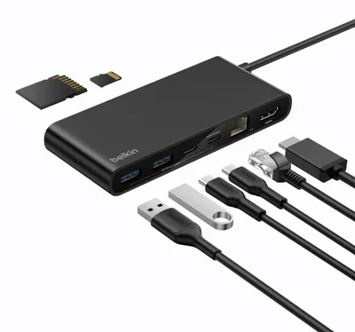 Produktbild von Belkin INC024HQBK, USB Typ-C, HDMI, RJ-45, USB 3.2 Gen 1 (3.1 Gen 1) Type-A, USB Typ-C, MicroSD (TransFlash), SD, 10000 Mbit/s, 60 Hz, 3840 x 2160
