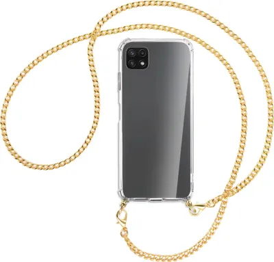 Produktbild von Handykette Backcover-Schutzhülle mit Band (Metall goldfarben) für Samsung Galaxy A22 5G (A226) - goldfarbene Kette