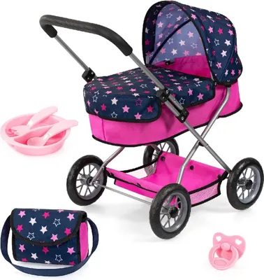 A toy doll stroller set with accessories.