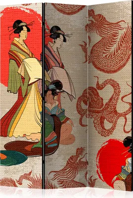 Produktbild von 3-teiliger Einseitiger Vlies Paravent - Geishas 135x172 cm Orient p-B-0048-z-b