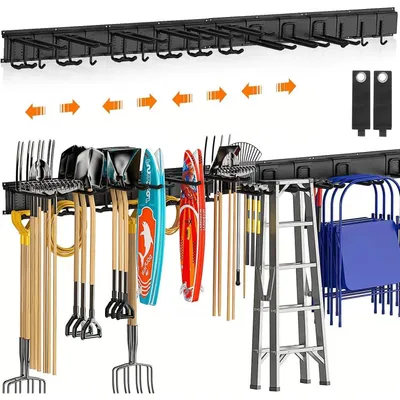 Obrázek produktu pro Nastavitelný držák na nářadí s 12 háčky, 4 kolejnicemi, délka 162,56 cm, černý, hliník/ocel