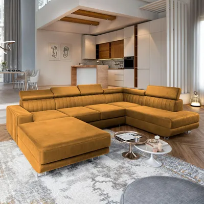 Produktbild von Masseno Ecksofa SIENA R-S mit Schlaffunktion U-Form, Sofa mit Bettkasten, Wohnzimmersofa, Couch, Soffa, Bettsofa, Couchgarnitur- Gelb, MONOLITH 48
