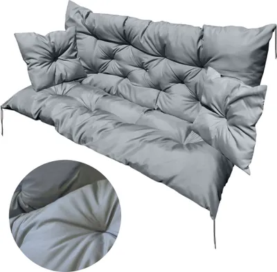 A gray bench cushion set for a Hollywood swing or garden bench, shown against a white background.