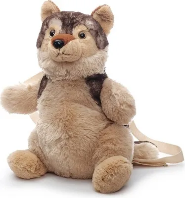 A stuffed wolf backpack is shown sitting against a white background.