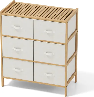 Zdjęcie produktu dla Komoda COSTWAY z 6 składanymi szufladami z tkaniny i górną półką, szafka z szufladami z bambusową ramą, pionowy organizer do przechowywania, naturalny